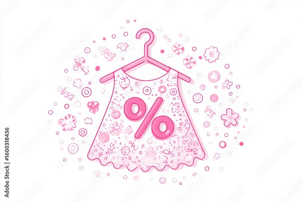 A pink dress with a percentage symbol is displayed against a white background, surrounded by whimsical flowers and designs, conveying a playful vibe suitable for a sale or promotion.