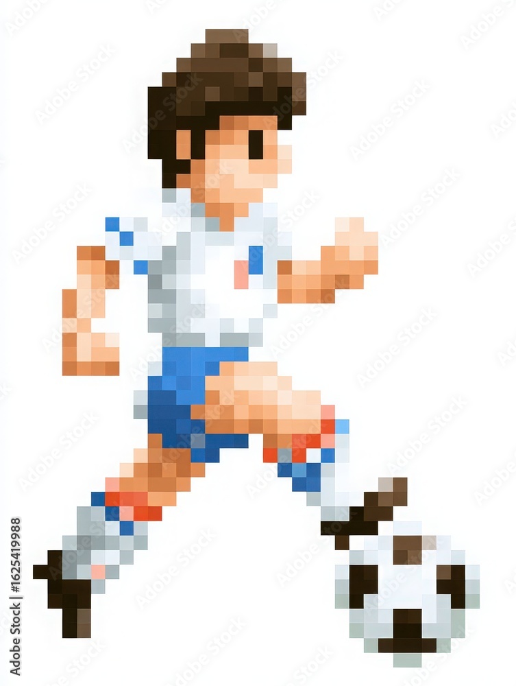A pixel art depiction shows a soccer player wearing a white jersey and blue shorts. He is actively dribbling a soccer ball on a white background, capturing a dynamic moment in the game.
