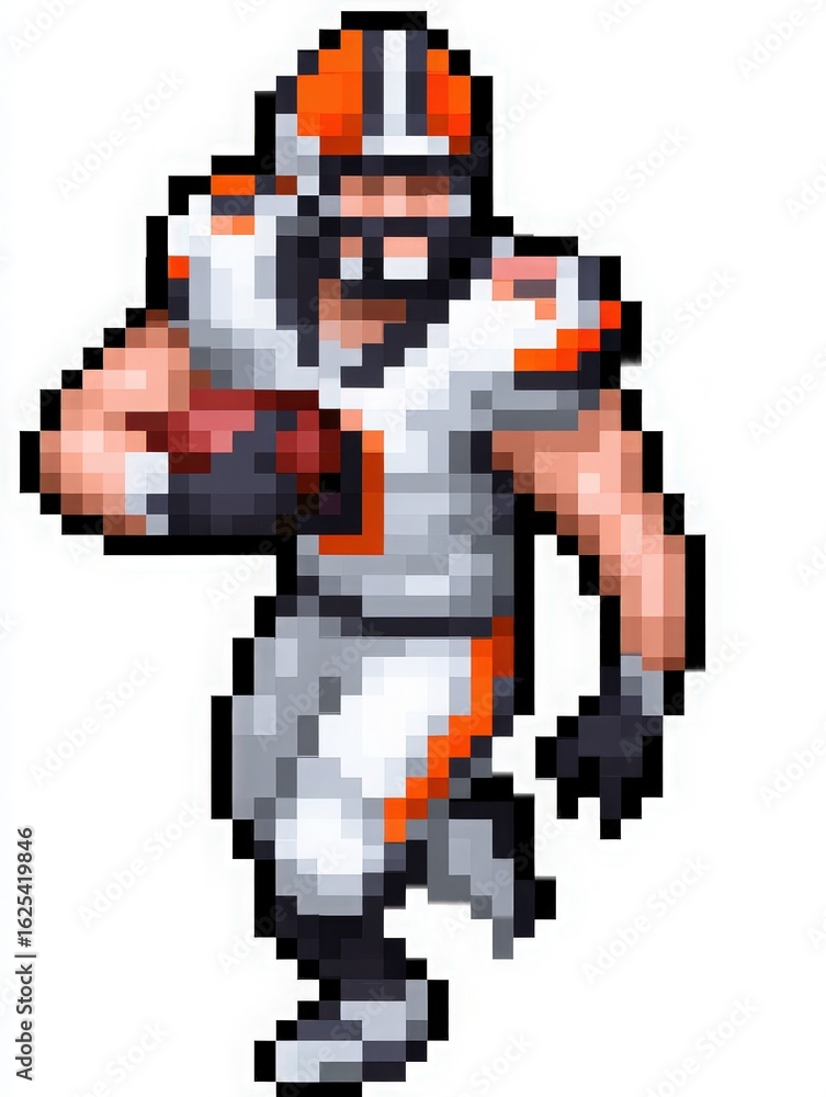 A pixelated football player is running with a ball in hand, wearing a white and orange uniform.