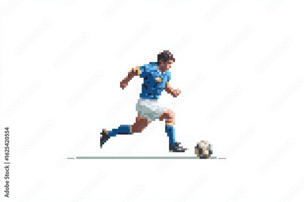 A pixelated soccer player dressed in blue and white runs energetically towards a soccer ball. The figure is centered against a plain background, emphasizing the action of dribbling during a game.
