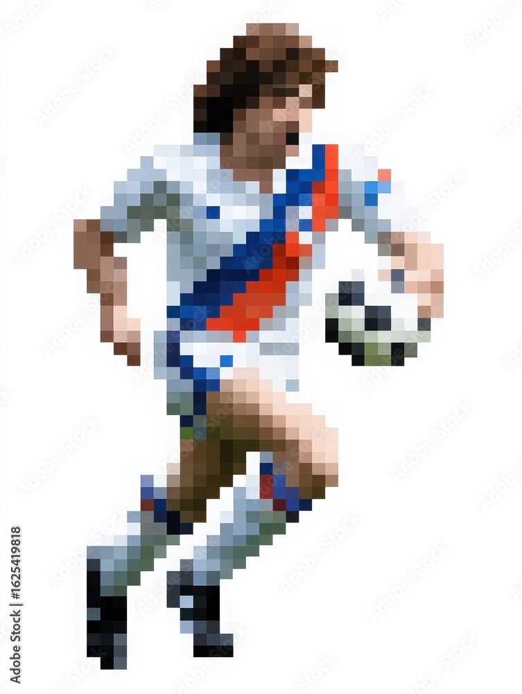 A pixelated soccer player is swiftly dribbling a ball while wearing a white uniform accented with blue and red. The artwork captures the energetic movement typical in a game.
