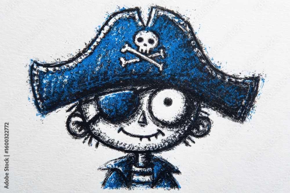 A playful pirate character is illustrated with a large blue hat adorned with a skull and crossbones.