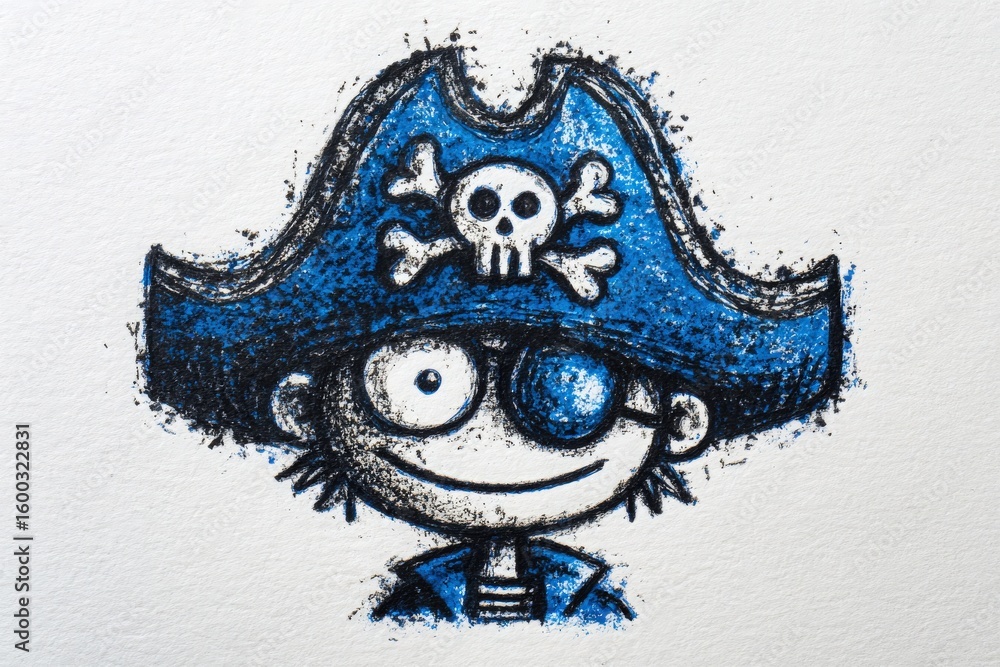 A playful pirate character with a blue hat featuring a skull and crossbones design. The character has a happy expression and an eye patch, displaying a whimsical artistic style.