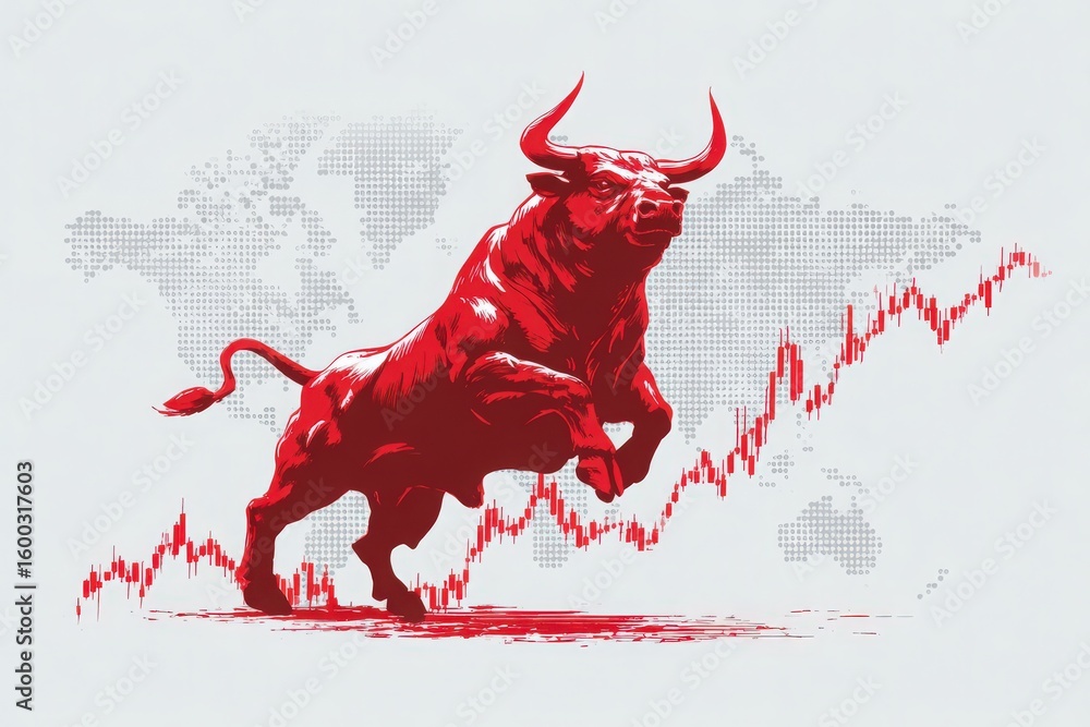 A powerful red bull stands triumphantly, embodying the bullish sentiment of the financial market. Behind it, a rising graph illustrates upward trends in stock prices, highlighting optimism.
