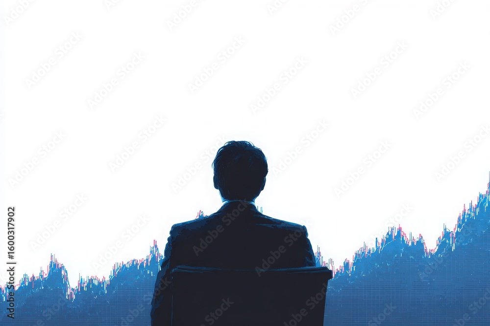 A professional sits in a chair, facing away, gazing at a large screen displaying stock market data. The setting suggests a corporate environment focused on analysis and decision-making.