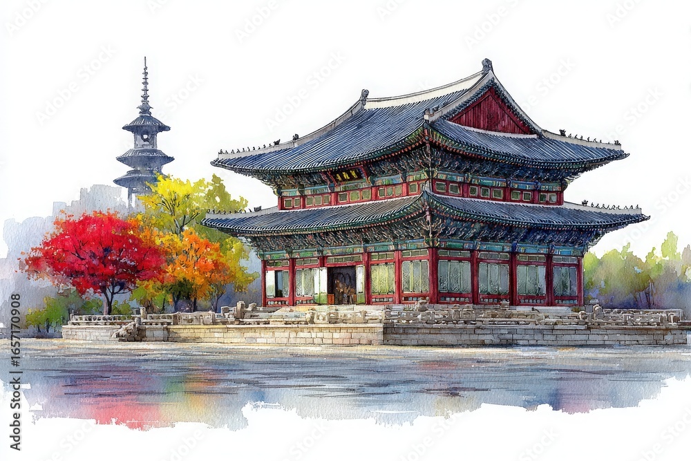 A red and green pavilion stands by a calm body of water, surrounded by vibrant autumn trees. A towering pagoda can be seen in the background under a clear sky.