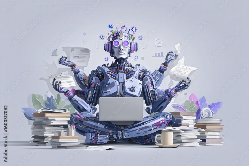 A robotic figure sits cross-legged in a serene pose with headphones on. Surrounding it are scattered documents, books, and a laptop, creating a futuristic and focused study atmosphere.