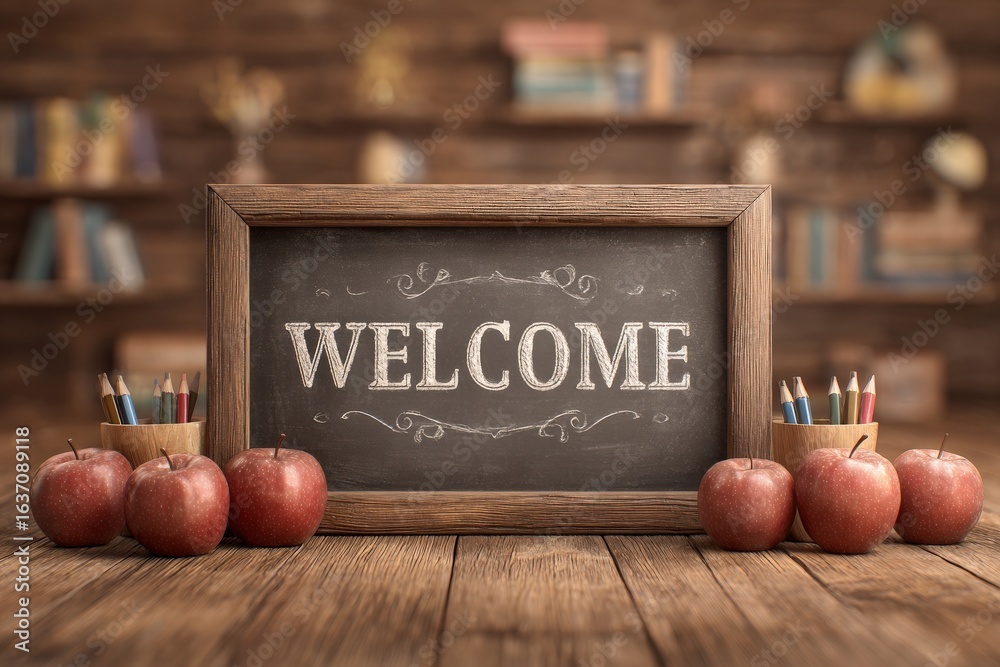 A rustic wooden table features a chalkboard sign displaying the word welcome. Surrounding the sign are red apples and containers filled with colored pencils, creating a warm, inviting atmosphere.