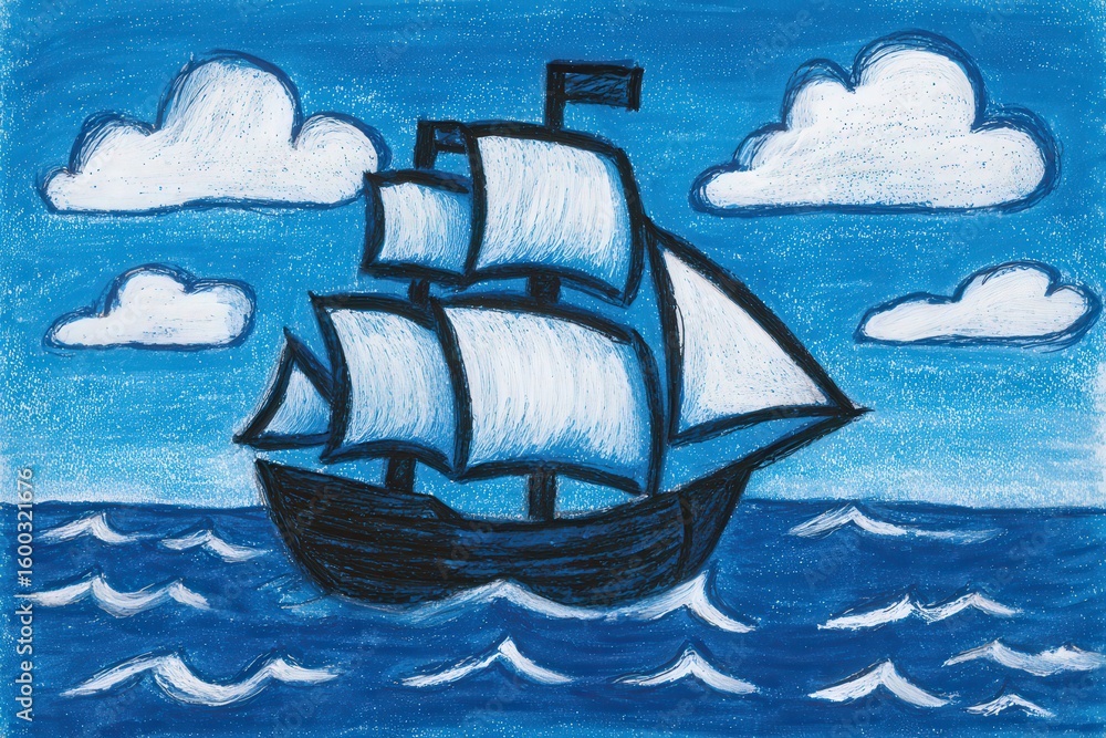A sailing ship with three large sails navigates through deep blue waters, surrounded by fluffy white clouds. The bright colors create a cheerful maritime atmosphere.