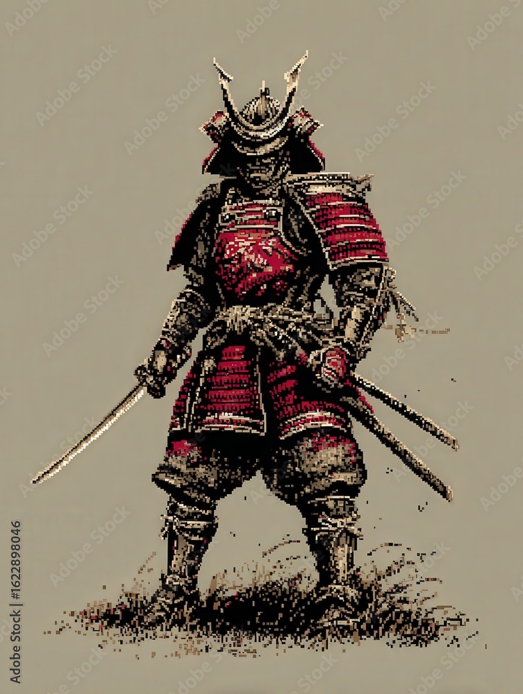 A samurai warrior stands confidently in traditional armor, wielding two katanas. The figure is intricately detailed, showcasing rich colors and textures. The background hints at a cultural atmosphere.