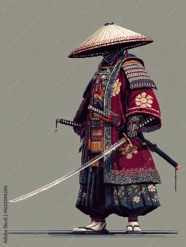 A samurai warrior stands proudly in intricate armor featuring floral designs. Wearing a wide-brimmed hat, he holds a katana at his side, embodying strength and honor in a tranquil setting.