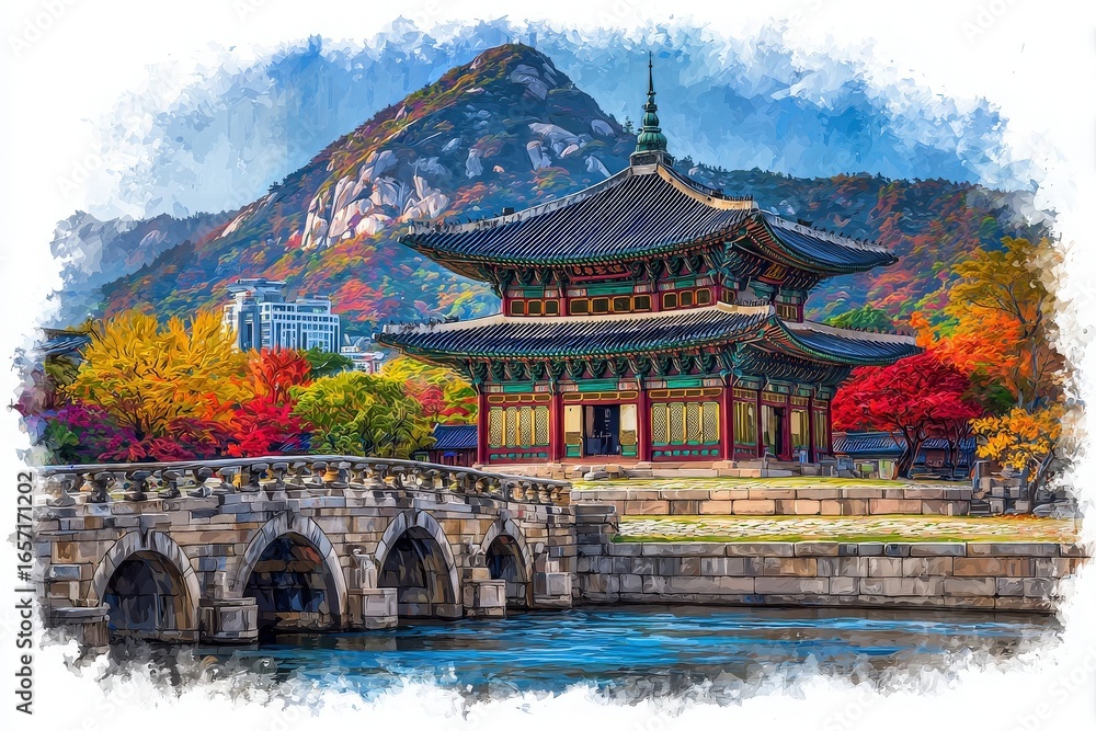 A serene landscape showcases a historic pavilion beside a calm river, surrounded by vibrant autumn foliage and mountains in South Korea. The colorful trees reflect the seasons beauty.