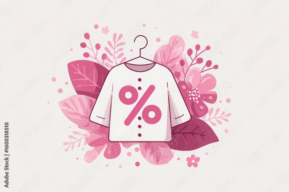 A shirt featuring a prominent percentage symbol is displayed hanging on a hook. It is surrounded by various floral elements in shades of pink, creating a vibrant and attractive composition.