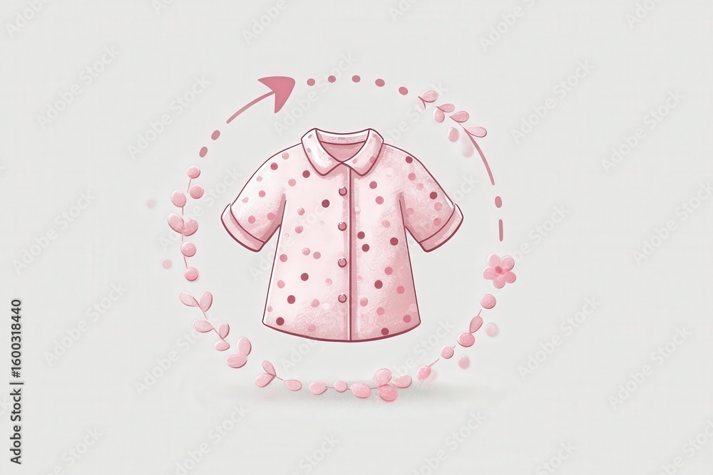 A short-sleeved shirt in soft pink with white polka dots is showcased, surrounded by delicate floral elements. This charming design emphasizes comfort and style, ideal for warm weather outings.
