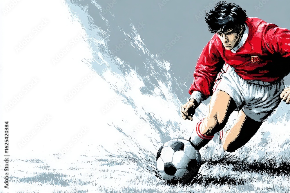 A skilled soccer player in a red jersey and white shorts races across a grassy field, skillfully dribbling a soccer ball. The background features a gray sky, emphasizing the athletes movement.