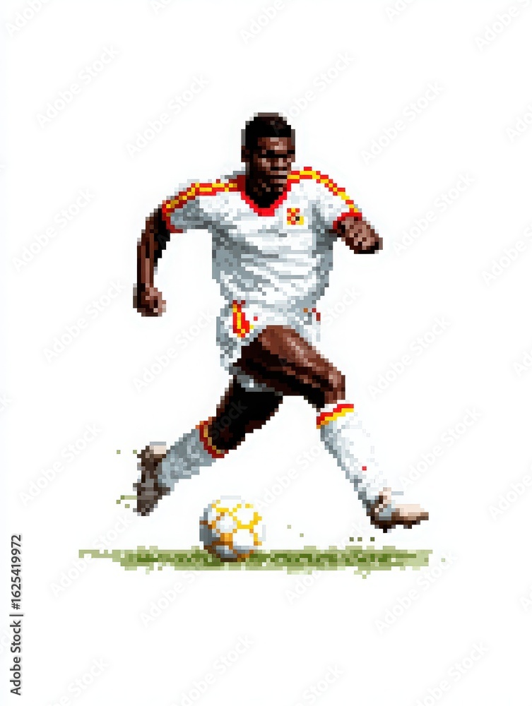 A skilled soccer player runs with determination across the grass field, wearing a white jersey with colorful accents.