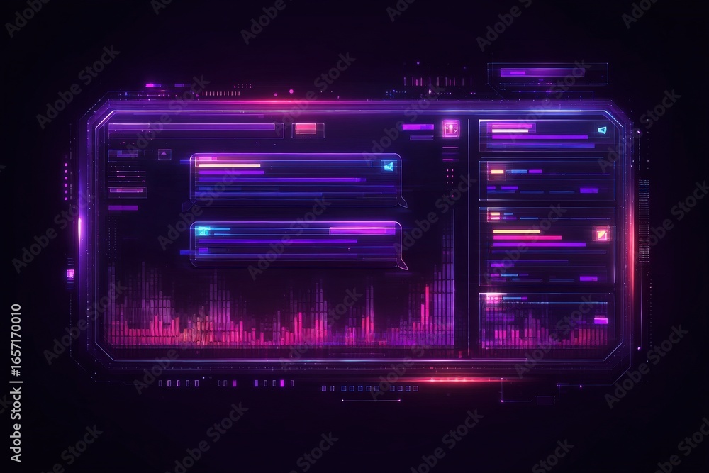 A sleek digital interface showcases colorful data visualizations and chat messages. The vibrant hues of purple and pink create an engaging atmosphere, ideal for modern technology applications.