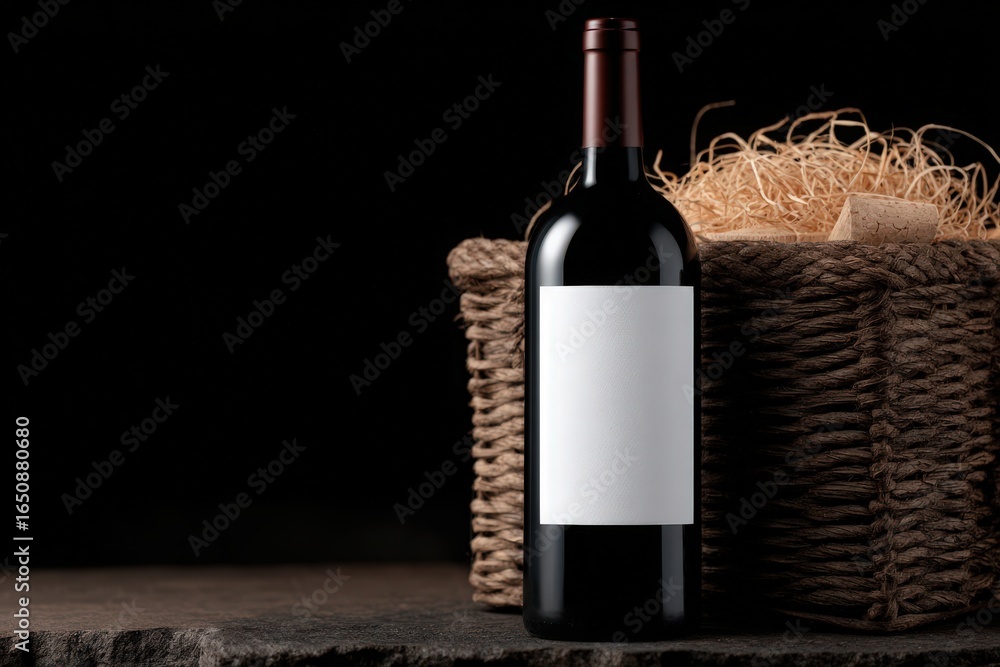A sleek wine bottle with a blank white label stands beside a woven basket filled with straw. The dark background enhances the sophisticated setting, creating a moody atmosphere.