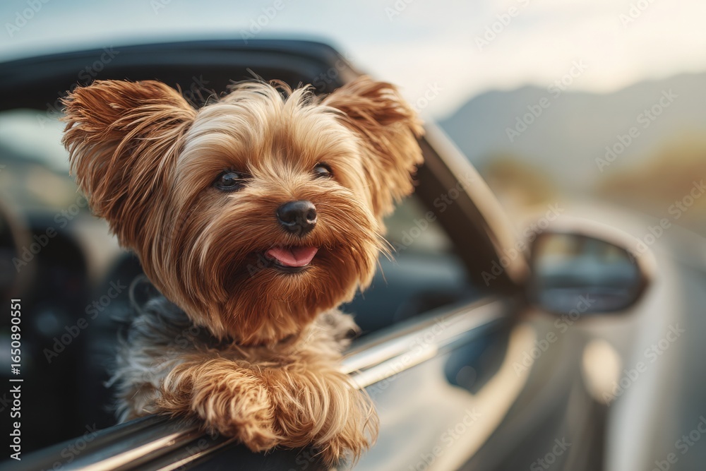 A small dog leans out of the car window, enjoying the breeze during a scenic drive. The golden sunlight casts a warm glow on the fur, highlighting the joyful expression on its face.