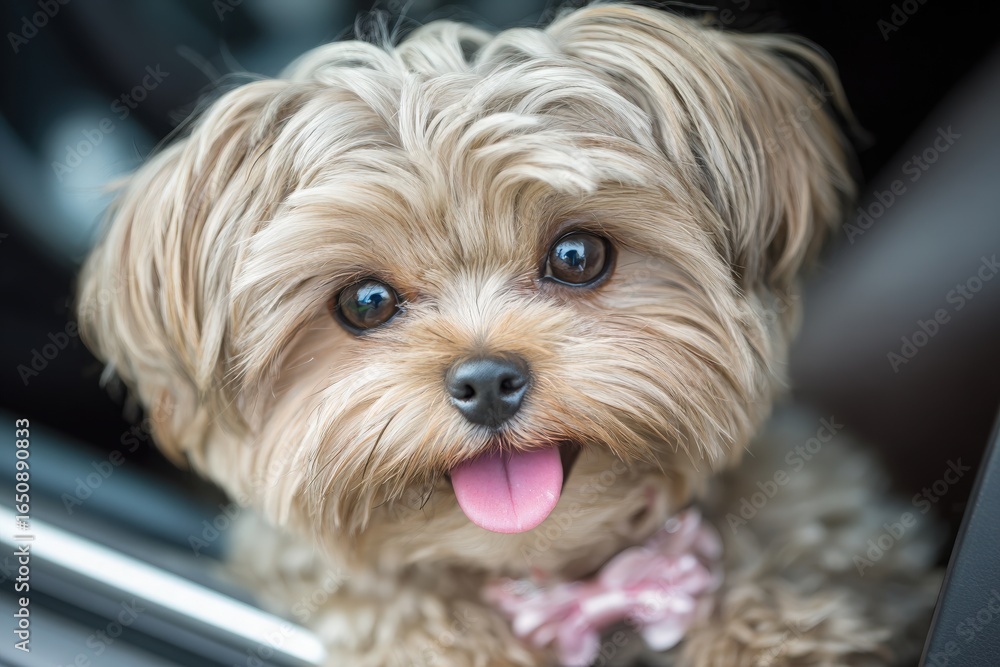 A small, fluffy dog peers out from a car window, tongue out and tail wagging. Its shiny coat and bright eyes reflect a lively and playful spirit. The atmosphere feels joyful and carefree.