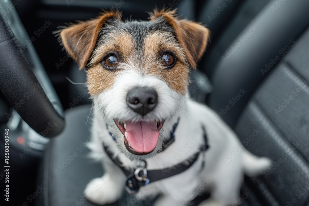 A small, playful dog with a bright expression sits comfortably in the passenger seat of a car. Its tongue hangs out in excitement, ready for an outing. The vehicle interior is sleek and modern.