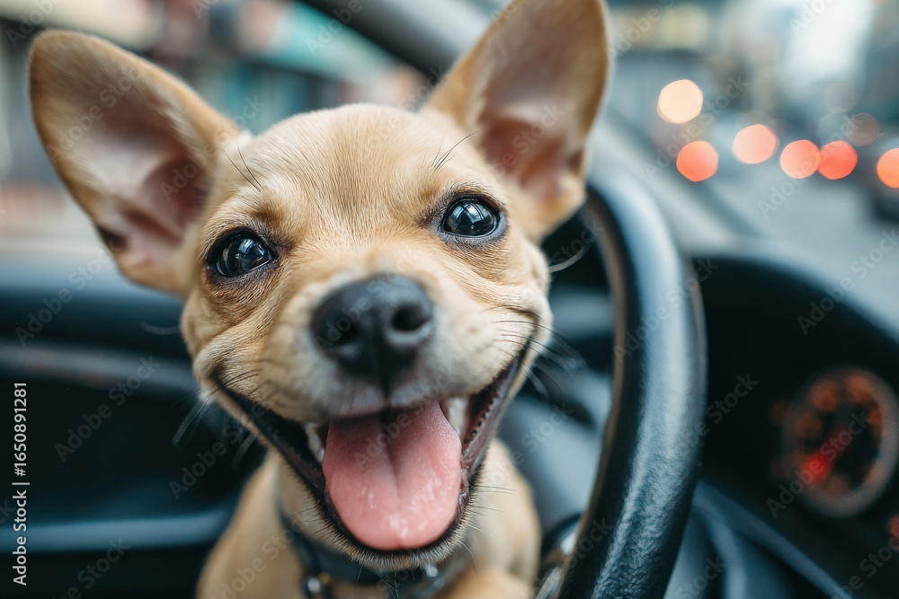 A small tan dog with large ears smiles broadly while sitting in the drivers seat of a car. The city is visible in the background, with blurred lights and buildings, creating a lively atmosphere.