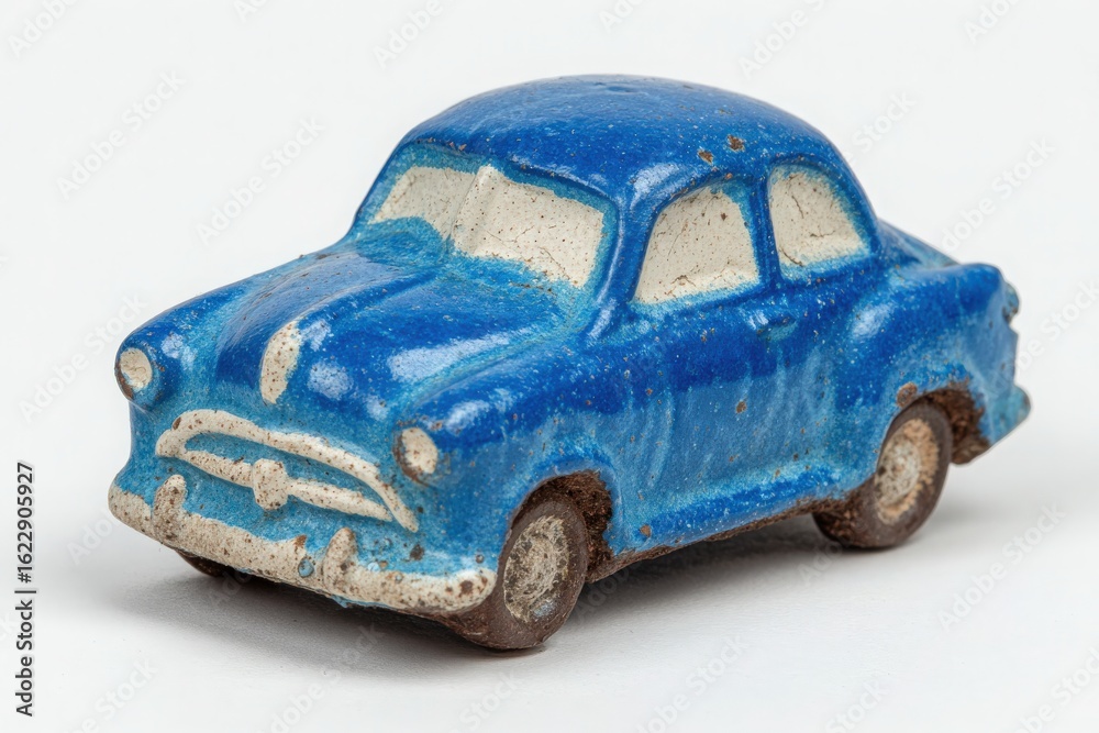 A small, vintage-style toy car painted in bright blue rests on a clean white surface. The design features unique details that reflect classic automobile aesthetics, showcasing nostalgic craftsmanship.
