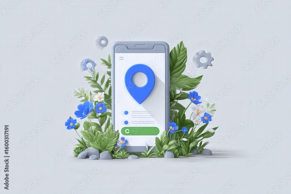 A smartphone is centered in a digital environment, featuring a blue map pin icon. It is surrounded by vibrant green plants and colorful flowers, suggesting a nature-themed application or service.