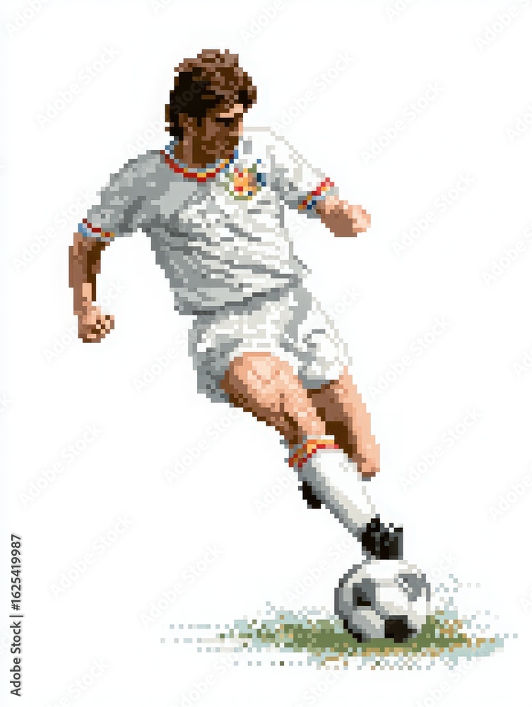 A soccer player dressed in a white uniform is skillfully kicking a black and white ball on a grassy field. The artwork features a nostalgic pixel art style, highlighting the motion and energy.
