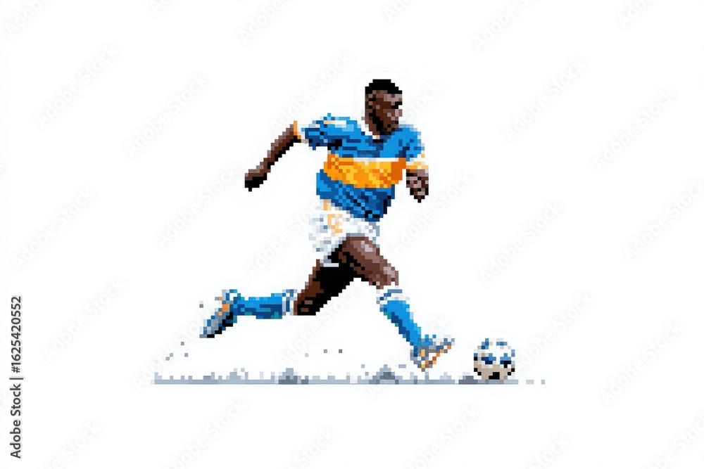 A soccer player wearing a distinctive blue and orange jersey sprints across the field, focused on kicking the ball. The action captures the excitement of a competitive game.