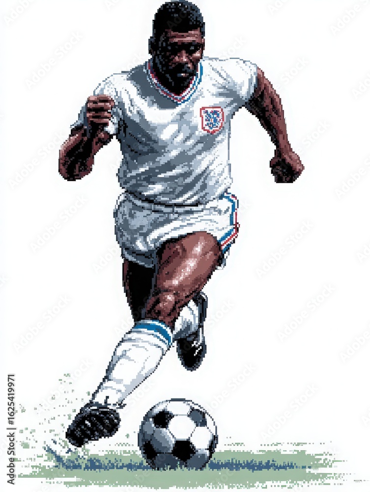 A soccer player wearing a white uniform races across a grassy field, dribbling a black and white ball. The movement shows speed and agility, capturing the intensity of the match.
