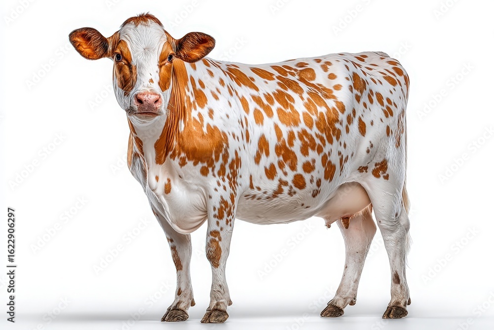 A spotted cow stands calmly in a well-lit studio setting, displaying its distinctive brown and white markings. The cows posture and expression highlight its serene demeanor and charm.