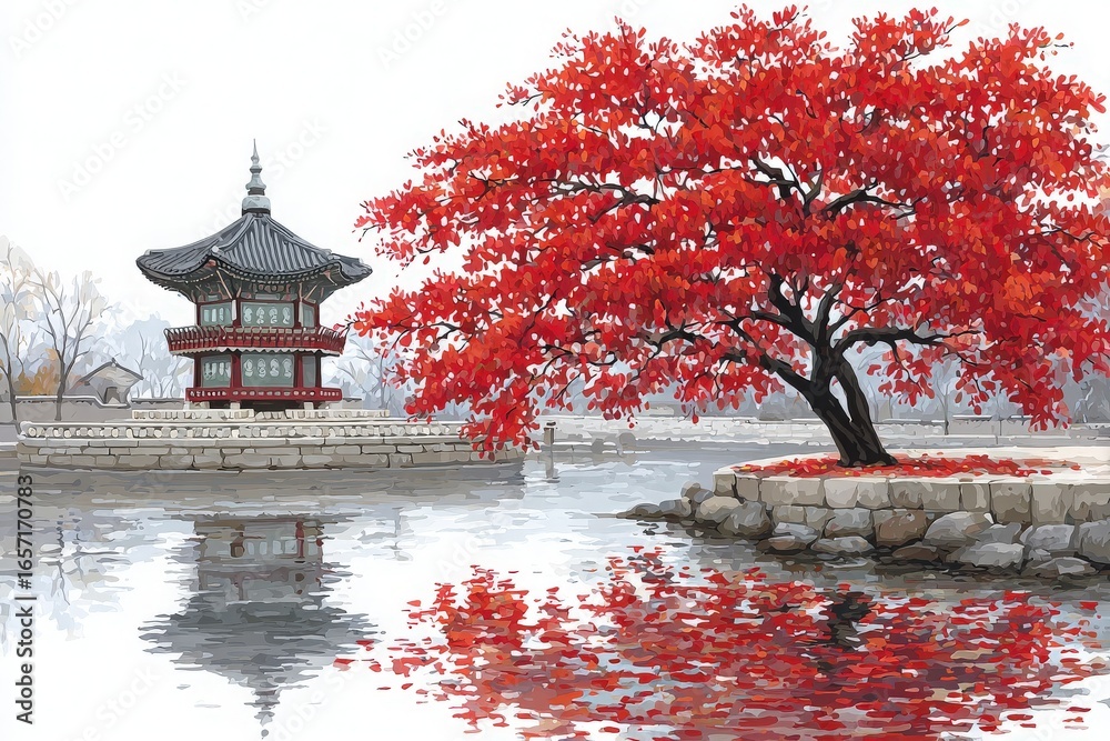 A striking autumn landscape showcases a bright red tree beside calm water, reflecting a traditional pavilion. The scene evokes tranquility with crisp air and vivid foliage during the fall season.