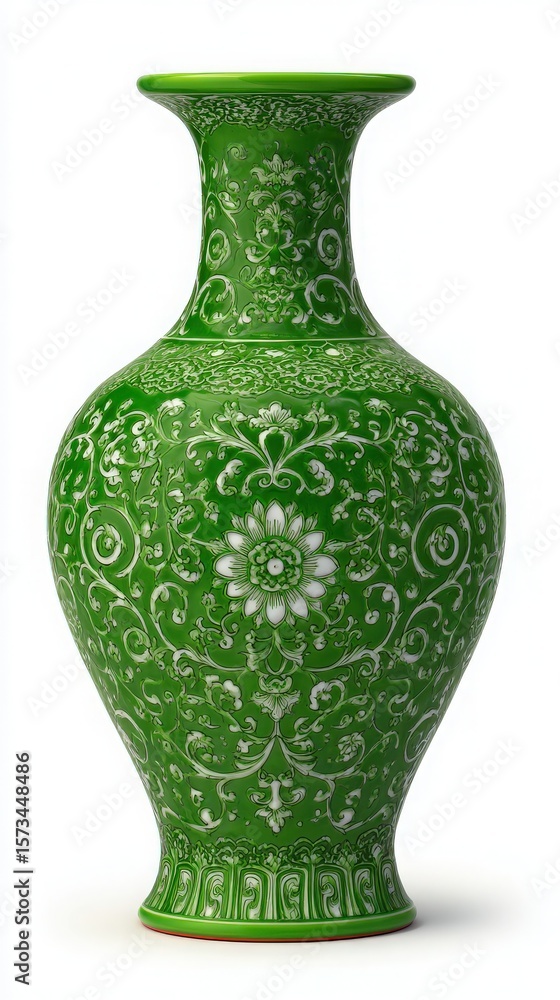 A striking green vase stands tall with delicate white floral engravings elegantly adorning its surface. The intricate patterns reflect expert craftsmanship, enhancing its beauty and charm.