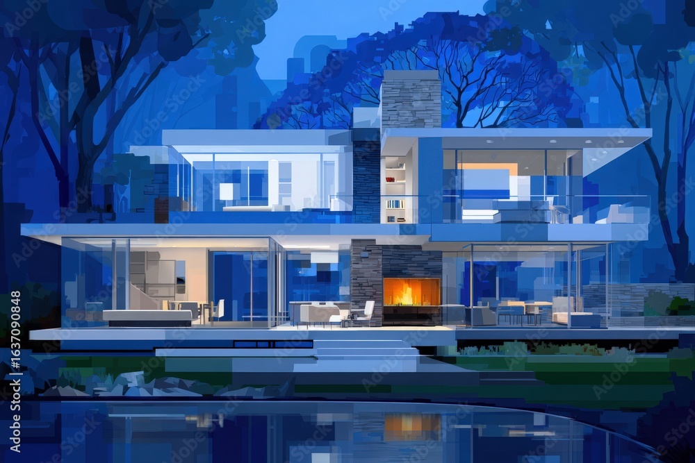 A striking modern house is nestled in a lush forest setting, illuminated at dusk. The structure features large glass windows and a stone facade, reflecting tranquility and elegance.