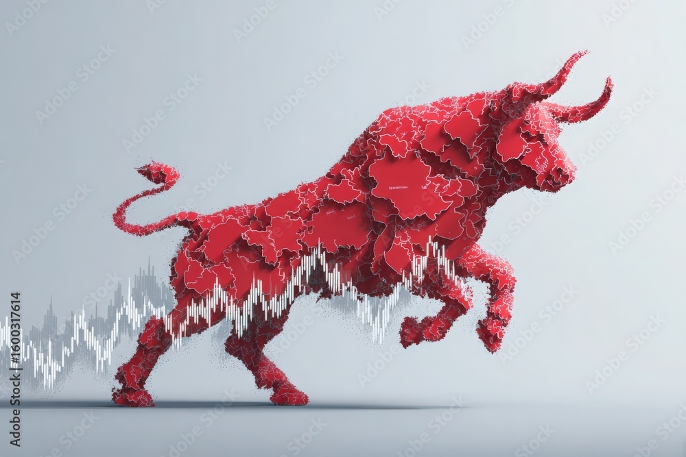 A striking representation of a bull in red, composed of interconnected shapes, symbolizes market growth. Below, a wave-like stock chart in white adds depth to the powerful image.