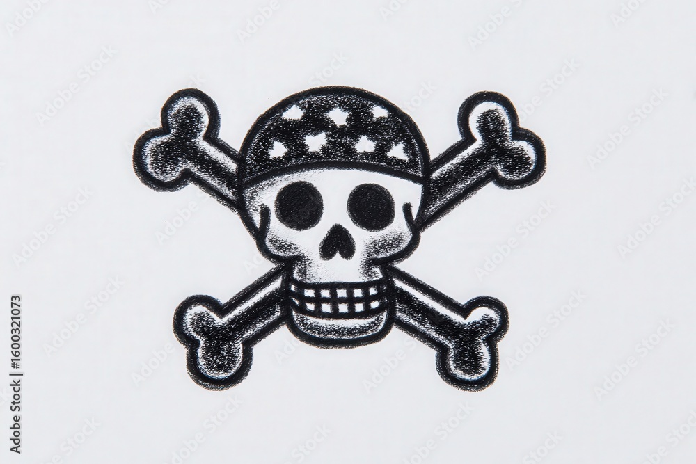 A striking skull and crossbones symbol is illustrated prominently, featuring a unique bandana with stars on the skull. The design is bold, emphasizing its pirate theme against a clean backdrop.