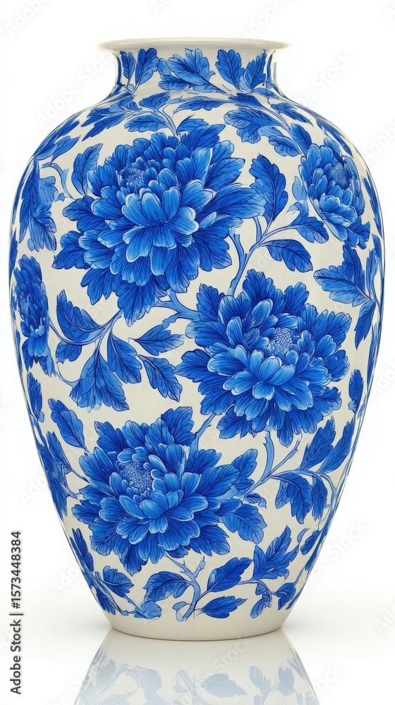 A stunning decorative vase displays a detailed blue floral pattern on a white background. The piece features vivid chrysanthemum flowers and lush leaves, enhancing its elegant appearance.