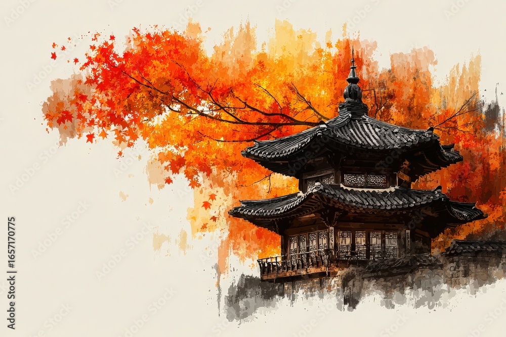 A stunning traditional Asian building stands majestically, surrounded by bright orange and red autumn leaves. The intricate wooden details of the structure contrast beautifully with the fall scenery.