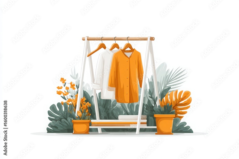 A stylish clothes rack showcases three garments, including a vibrant orange shirt. Lush foliage and decorative pots enhance the aesthetic, creating a fresh, inviting atmosphere in daylight.