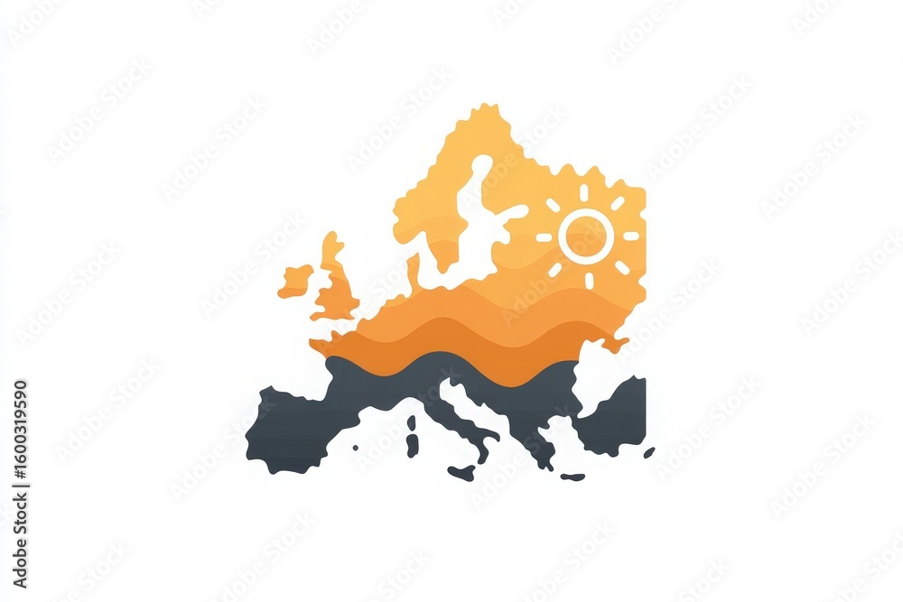 A stylized depiction of Europes map incorporates warm hues and a sun symbol. The artwork demonstrates abstract waves and outlines geographic features, emphasizing creativity.