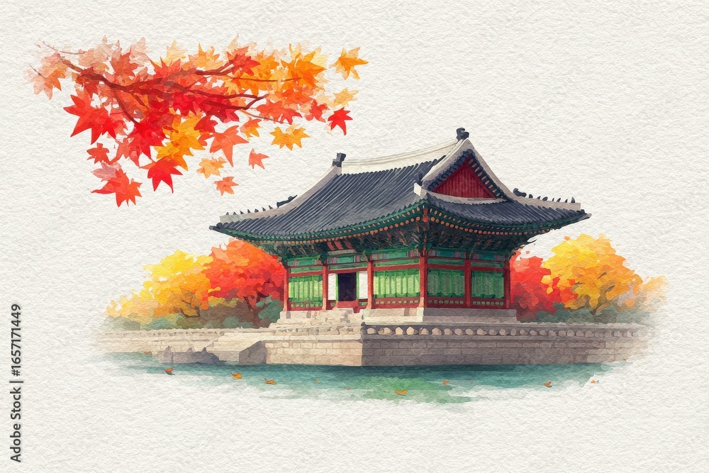 A traditional pavilion stands majestically by the water, framed by vibrant autumn leaves. The serene setting captures the beauty of the season, with colorful foliage reflecting on the surface.