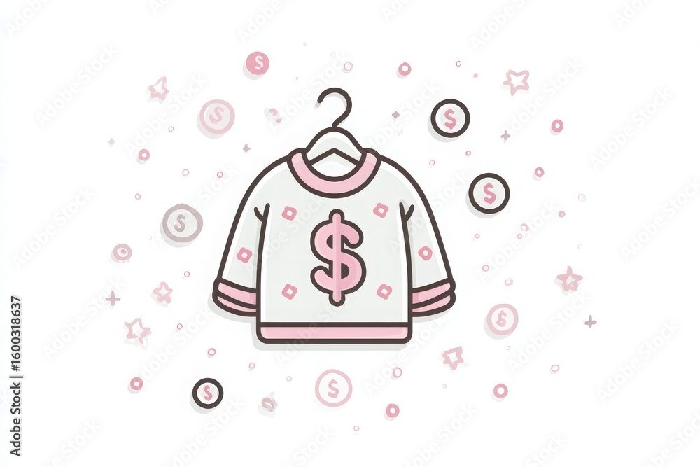 A trendy sweater design showcases a large dollar sign in the center, surrounded by swirling stars and coins.