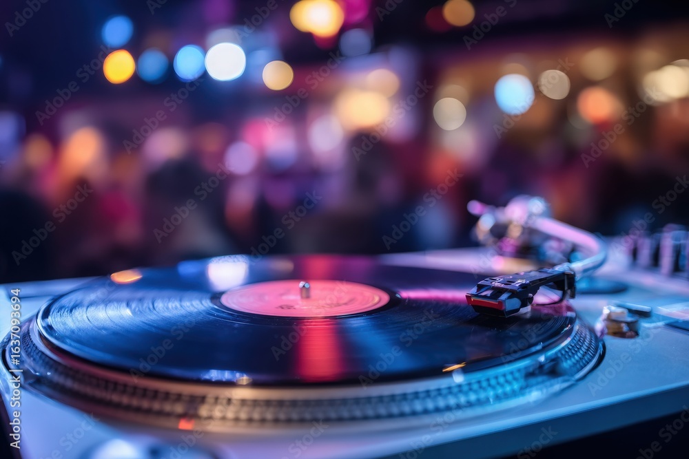A turntable plays a vinyl record in a lively venue filled with colorful lights and blurred silhouettes of dancing people. The atmosphere is energetic and dynamic, enhancing the music experience.