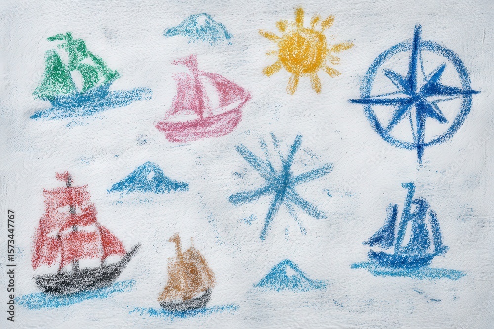 A variety of chalk drawings features boats in different colors, a bright sun, mountains, and a compass. The artwork displays creativity and imagination, set against a light background.