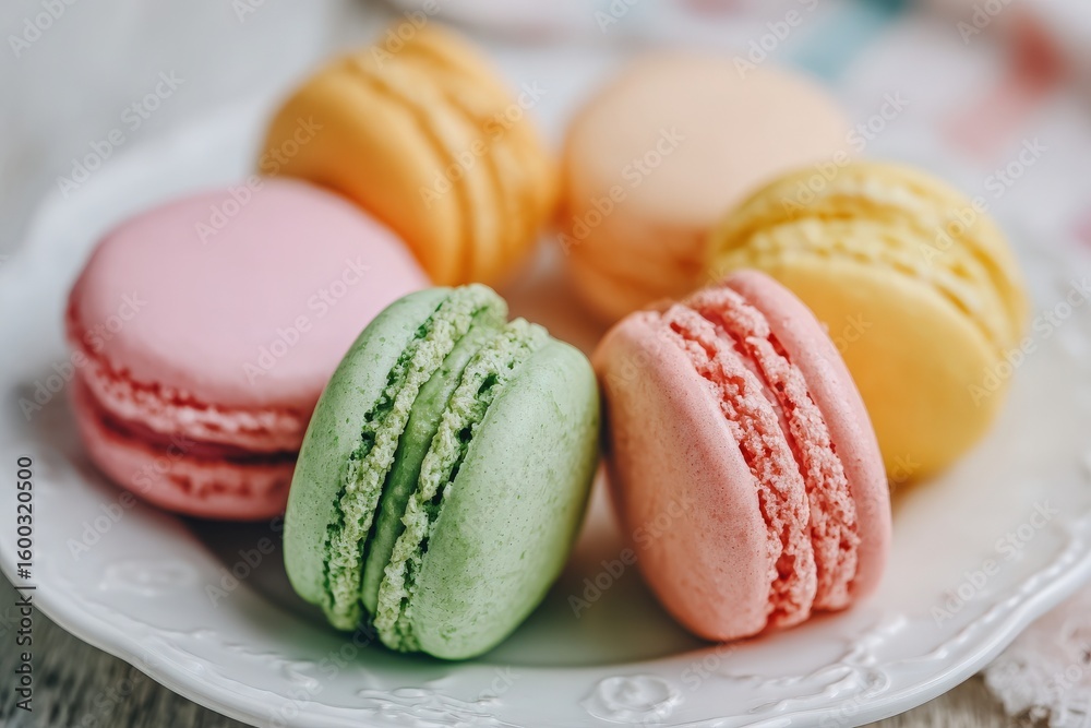 A variety of colorful macarons sit on a pretty plate, showcasing shades of pink, green, yellow, and orange. The setting appears inviting and warm, ideal for enjoying sweet treats in a cafe atmosphere.