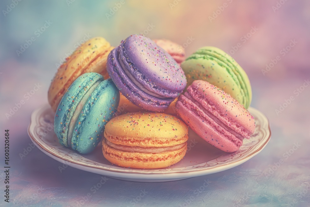 A variety of macarons in pastel colors are artfully arranged on an elegant plate. Their delicate appearance and sparkling tops create a delightful dessert presentation ideal for celebrations.