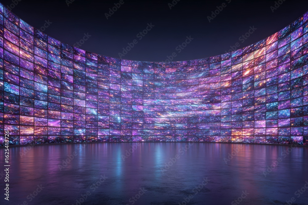 A vast curved wall made up of numerous screens displays stunning cosmic patterns in vibrant colors. The setting exudes a futuristic atmosphere, perfect for an immersive experience.