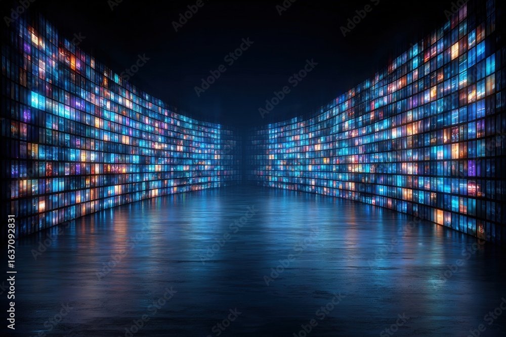 A vast digital space features walls lined with bright screens displaying diverse colorful visuals. The ambient light creates a captivating atmosphere, enhancing the immersive experience.