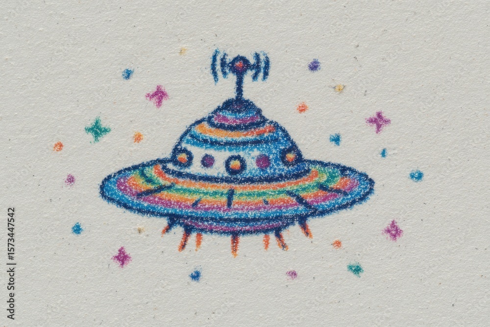 A vibrant UFO with colorful rings and an antenna floats through a starry background. The artwork uses pastel colors on textured paper, creating a whimsical and imaginative atmosphere.